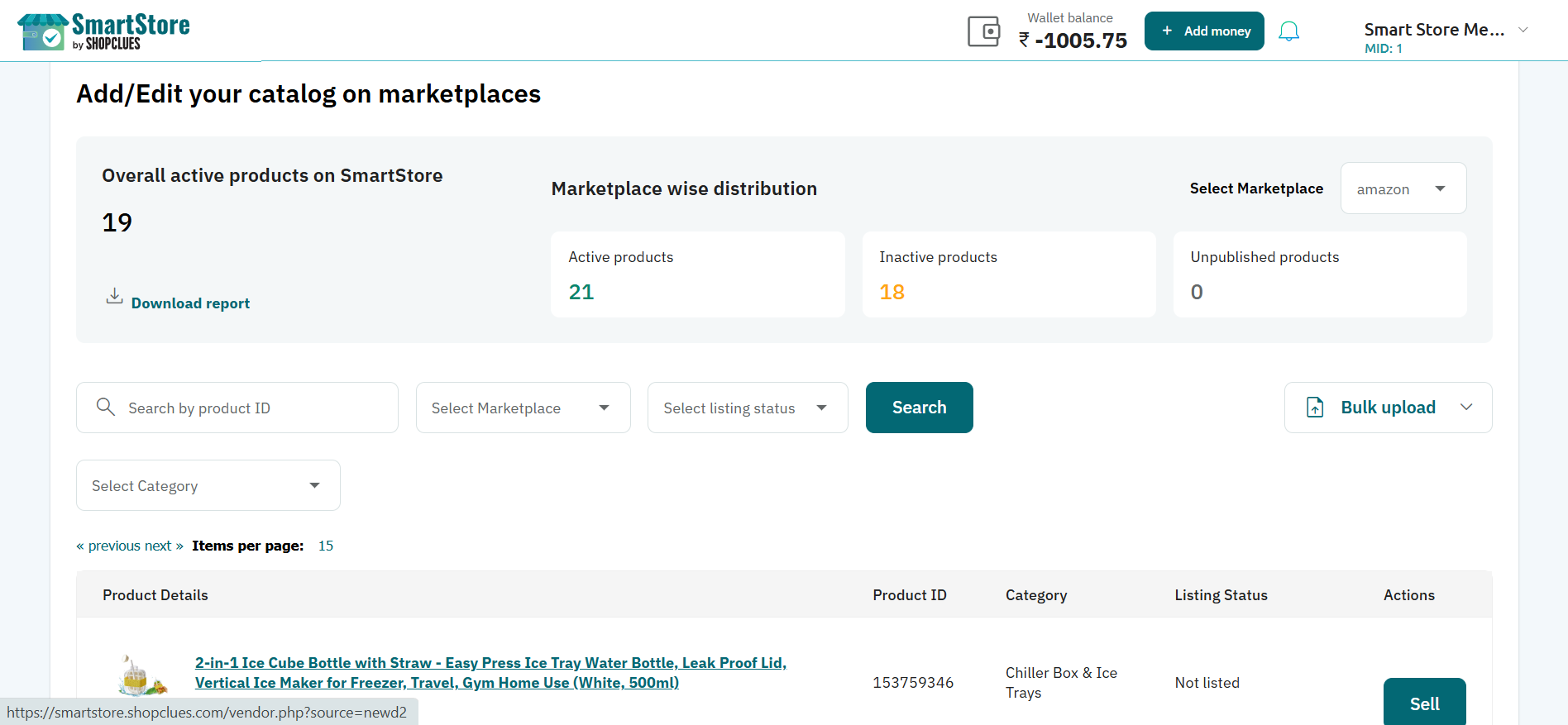 SmartStore catalog dashboard with marketplace distribution and product status counts